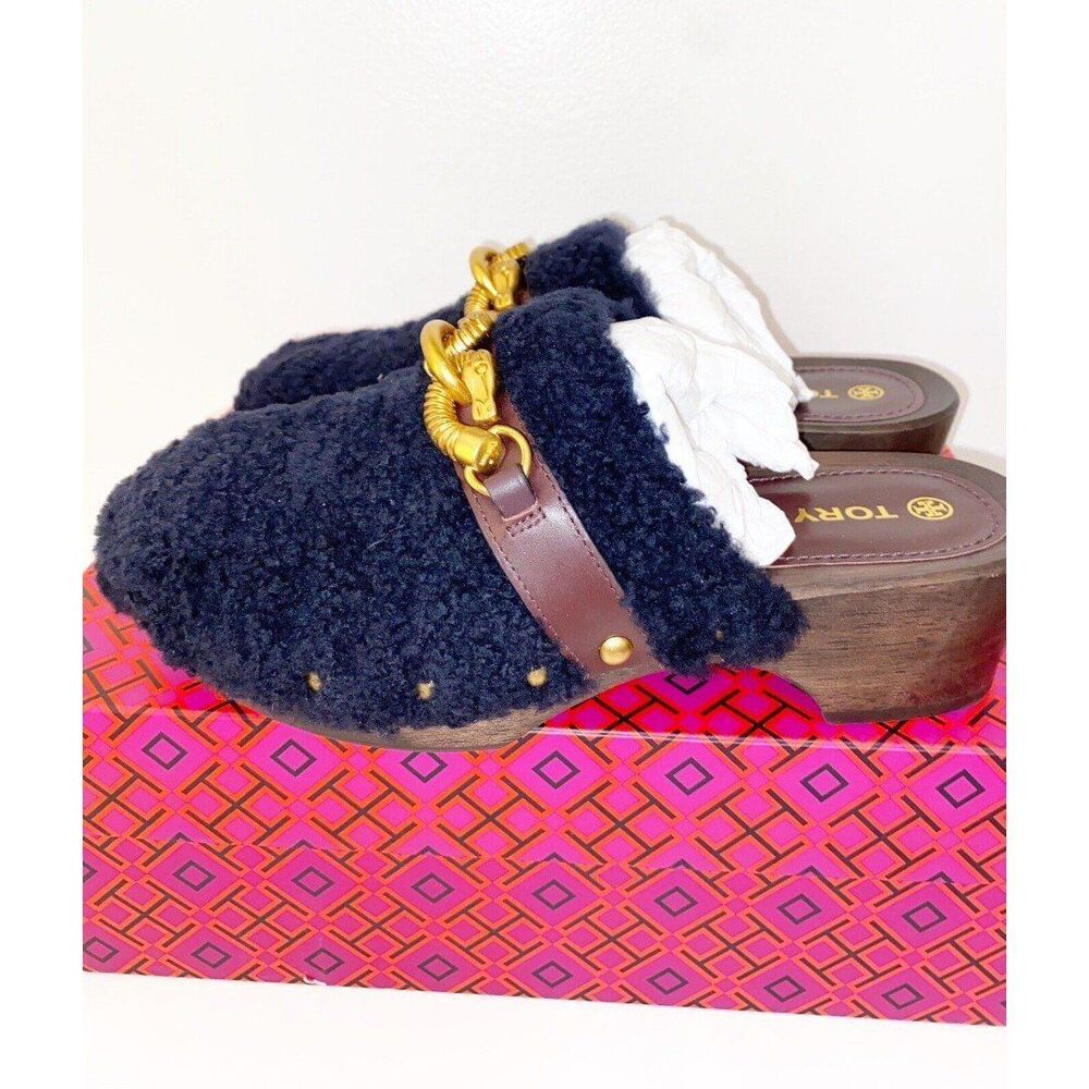 Tory Burch Jessa Shearling Clog Navy With Gold Logo Plum Leather Trim Size 6 - Picture 2 of 7